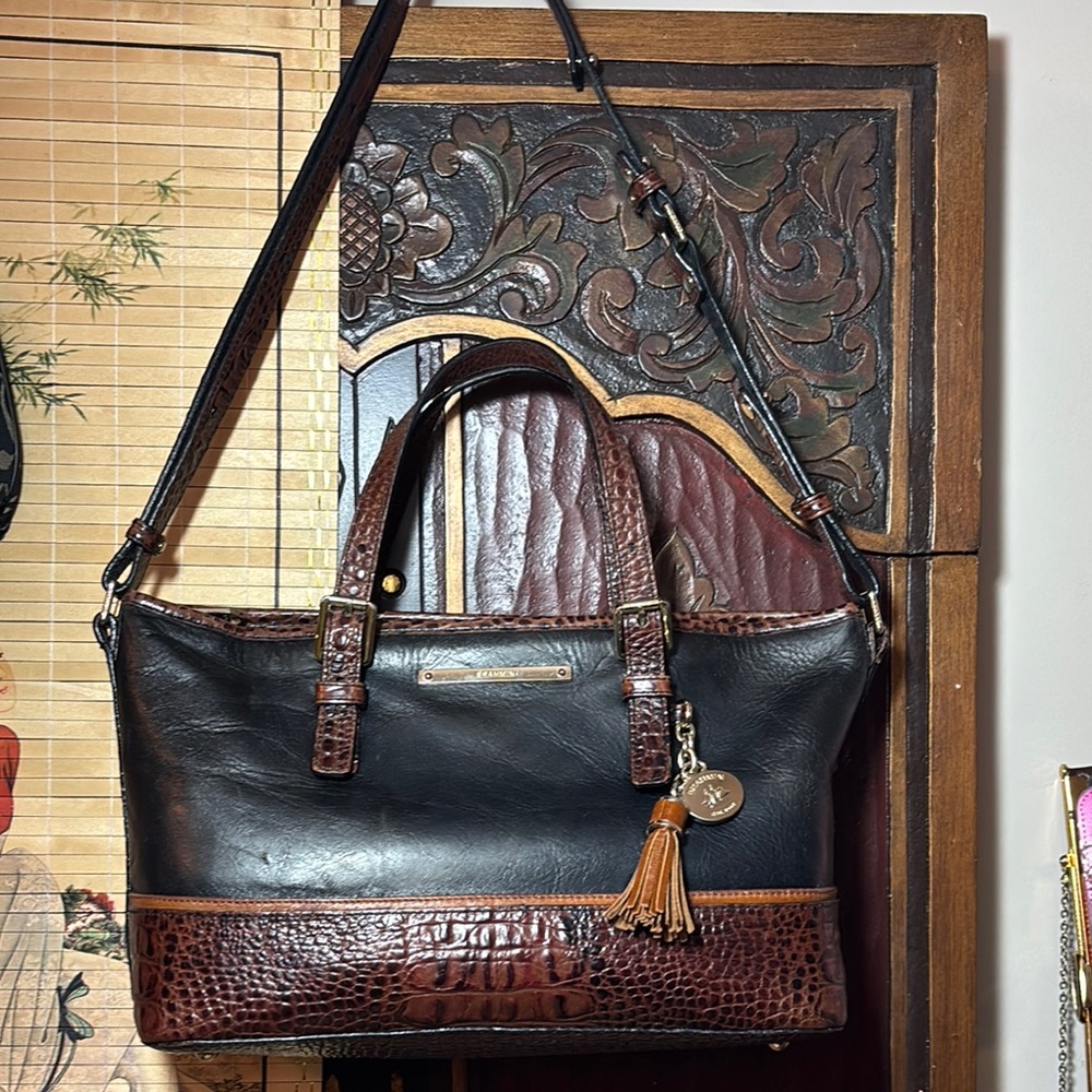 Brahmin Leather Mini Tote Black Pecan Croc Tan w Adj Strap 13”Wx7.25”Hx4.5”W